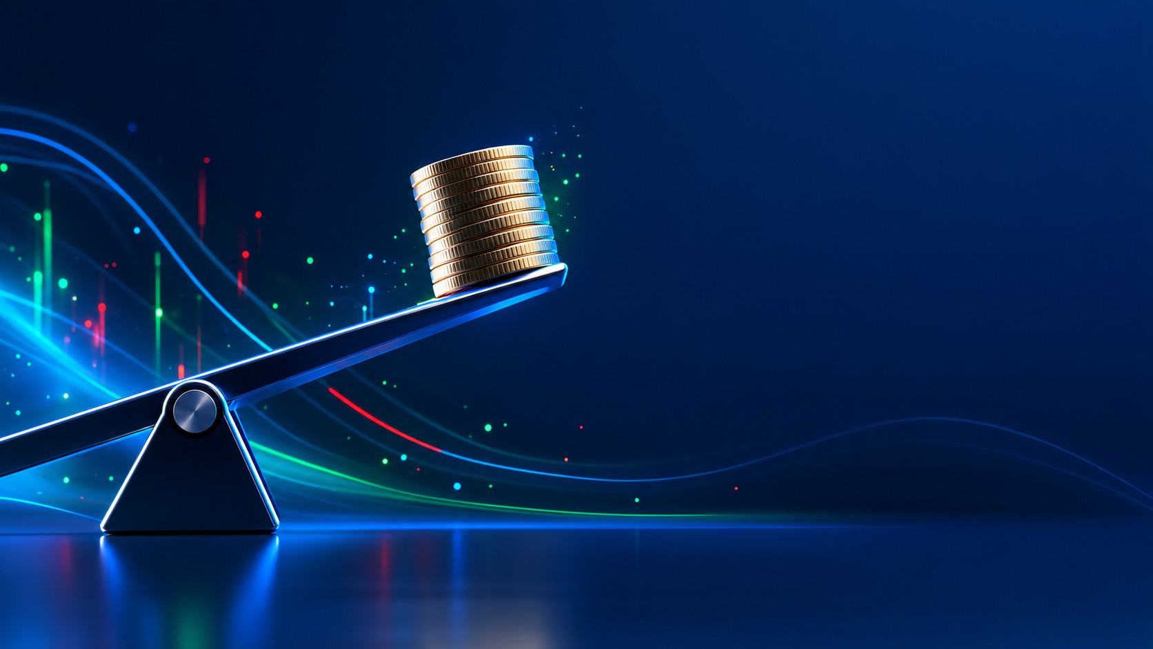 Precision lever lifting a stack of coins clean minimal composition